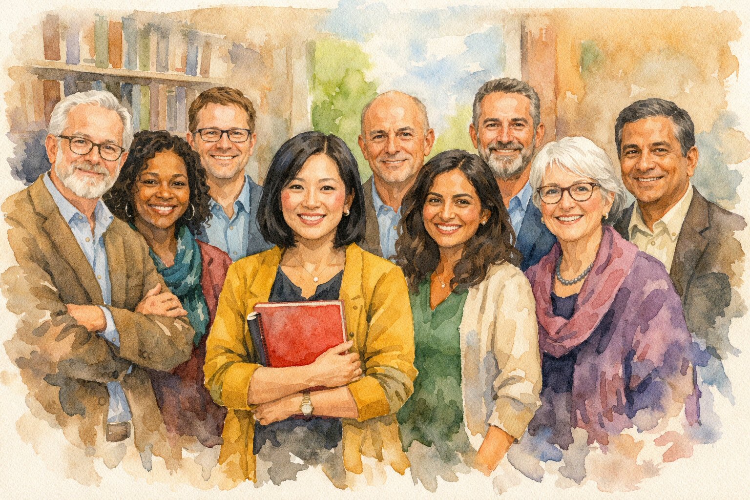 A watercolor style image of university professors of a variety of different races and genders