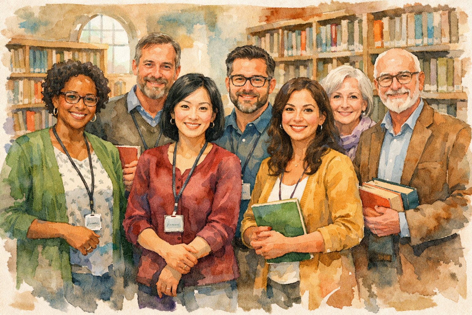 A watercolor style image of university librarians of a variety of different races and genders