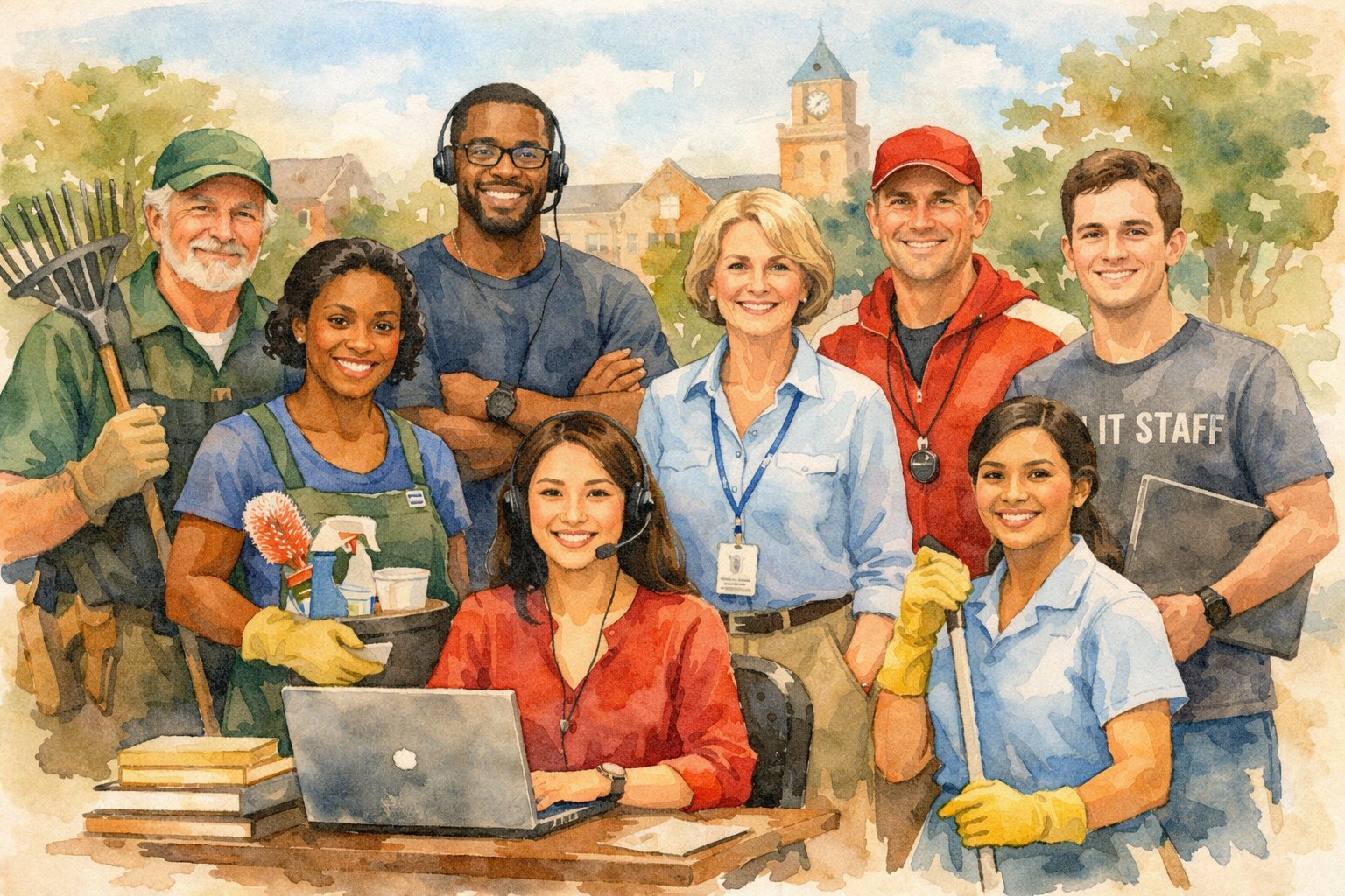 A watercolor style image of university staff